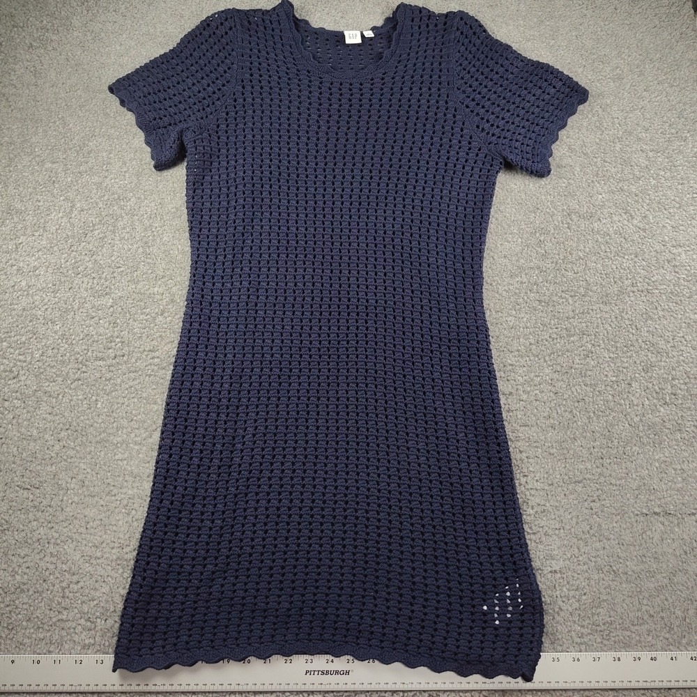 Gap Crochet Dress Sz Large Short Sleeve Open Weave Navy Blue 100% Cotton EUC